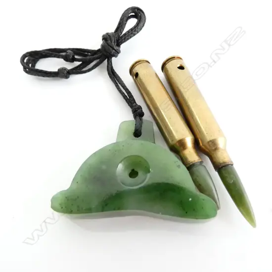 POUNAMU SHEPHERDS WHISTLE AND TWO GREENSTONE TIPPED BULLETS.