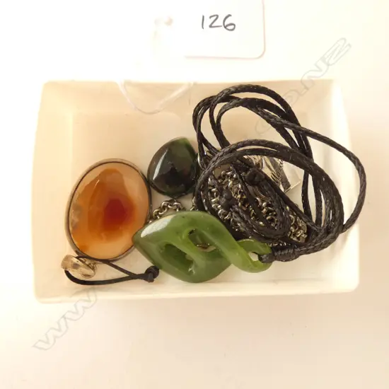 3 PENDANTS, SILVER & CARNELIAN, CARVED POUNAMU ON CORD,SILVER? HEART & CHAIN, + GREENSTONE HEART