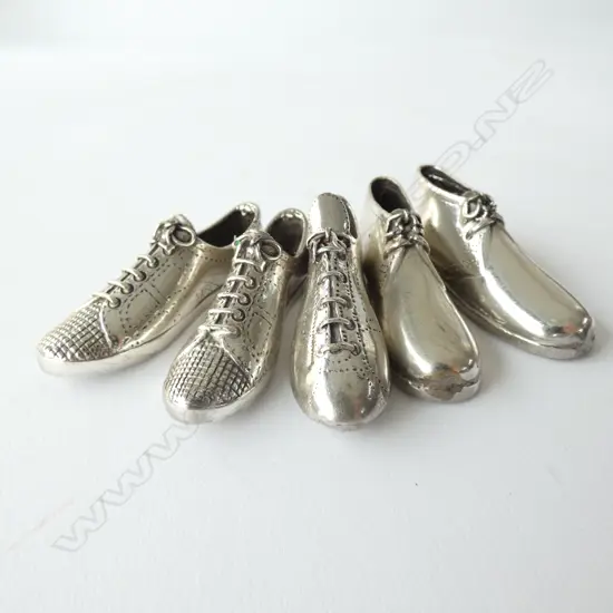 FIVE 800 SILVER MINIATURE SHOES, 2 PAIR MENS SHOES & 1 FOOTBALL BOOT, L.60MM