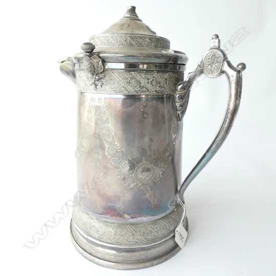 VICTORIAN SILVER PLATE WINE EWER WITH CERAMIC LINER (HANDLE ABSENT/KNOP ON LID BROKEN) H.330mm
