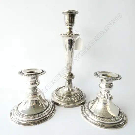 3 WALKER & HALL SILVER PLATE CANDLE HOLDERS - LARGEST 26CM TALL
