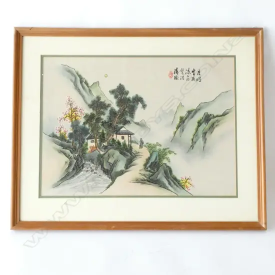 ORIENTAL PAINTING ON SILK, WOODEN FRAME, GLASS FRONT, 590 X 480MM