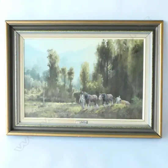 WAYNE SINCLAIR FRAMED OIL ON BOARD "THE LOGGING TEAM" 77X57CM