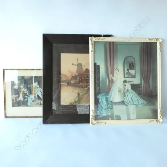 3 PRINTS; VERNON WARD HER FIRST BALL 600 X 495MM, WINDMILL SCENE OAK FRAME, PRINT