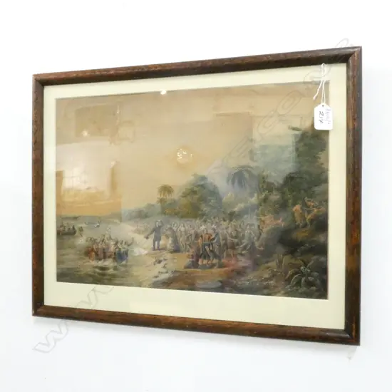 GEORGE BAXTER PRINT  'LANDING OF THE MISSIONARIES'  300 x 420mm