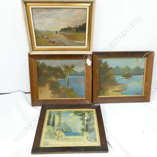 2 COLONIAL NZ OILS, 1 UNNAMED OIL, 1 PARISH PRINT - ALL WOODEN FRAMES LARGES 44 X 38CM