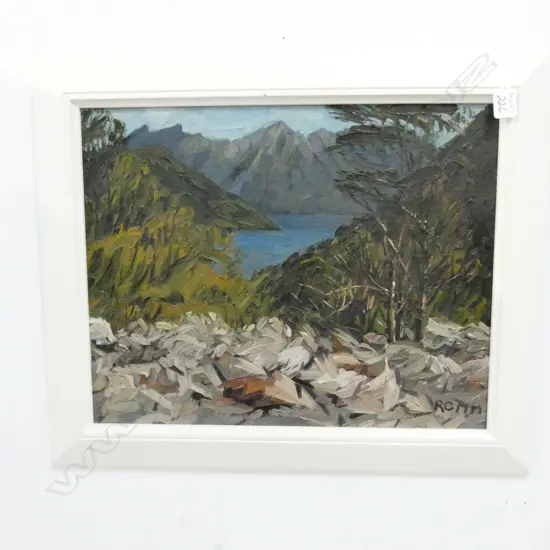 RUTH COLE, AVALANCE SITE NEAR TE ANAU, CLINTON, MILFORD TRACK, OIL ON BD, 390 x 480mm