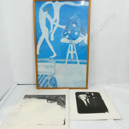 FRAMED PRINT (FADED) + 2 CONTEMPORARY ENGRAVINGS 1120 X 670 MM 