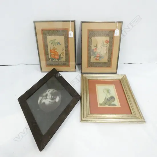 4 ARTWORKS; CUPID PHOTO, PR CHINESE SILK W/C, BOTTICELLI PRINT