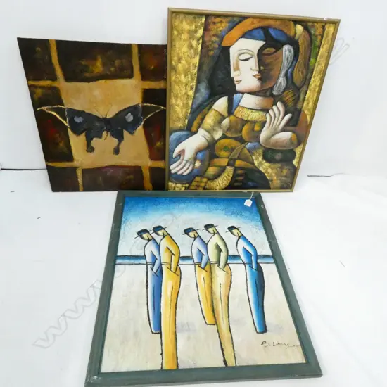3 ORIGINAL ARTWORKS; MEN, BUTTERFLY, PICASSO STYLE