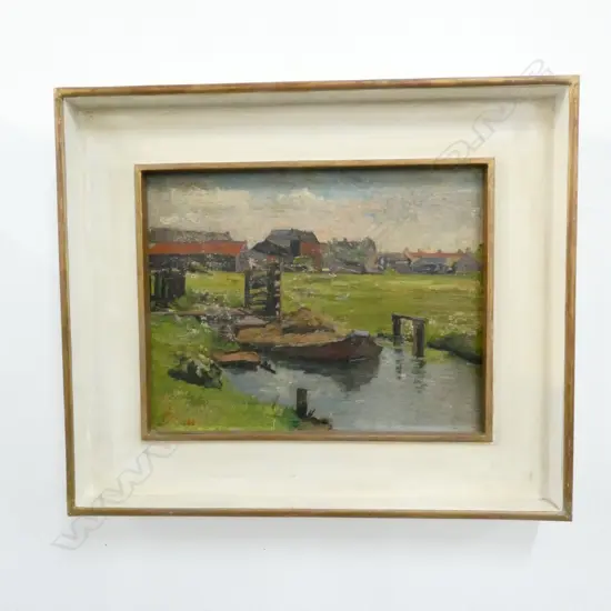 EUROPEAN OIL PAINTING ON CARD BUILDINGS/RIVER c.1920, 260 x 360mm