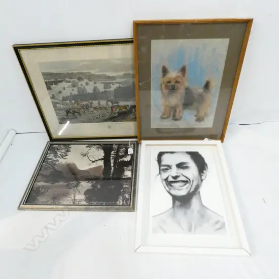 4 ARTWORKS; HUNTING PRINT 510 X 320, PASTEL DOG AF, LAKE MANAPOURI PHOTO AF & SIGNED PRINT LADY
