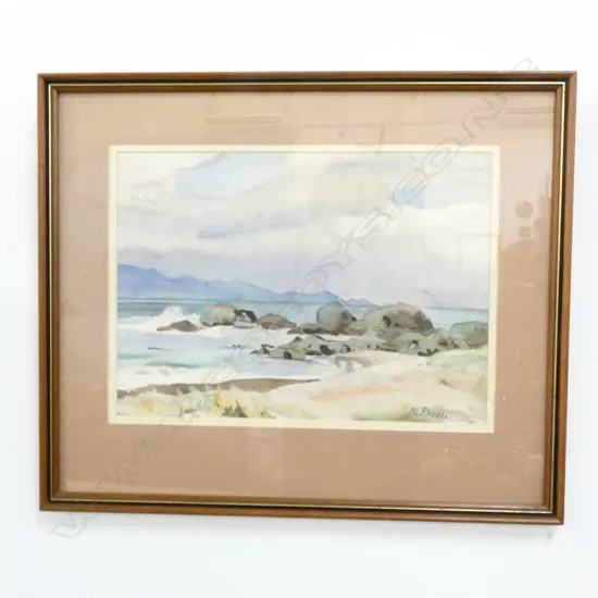 M RHODES STEWART ISLAND LANDSCAPE, GLASS FRONTED WOODEN FRAME, 500 X 420MM