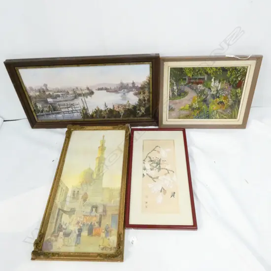 4 ARTWORKS; MOSQUE PRINT, HILDA WHITE 'BOAT HAVEN' OIL 600 X 290MM, ORIENTAL W/C + GARDEN OIL 