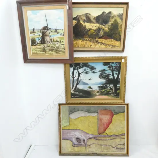 4 ARTWORKS; JOHNSTON OIL, RICK VARNES ACRYLIC, SIGNED WINDMILL OIL, 'FOUR SEASONS' ABSTRACT ACRLIC ON BOARD 800 X 590MM