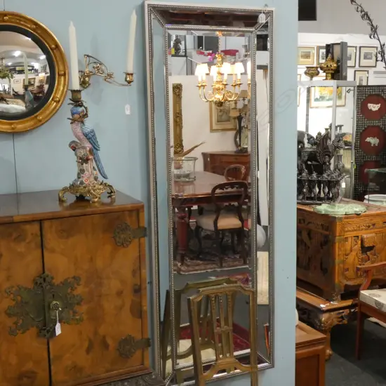 LARGE SILVERED BEVELLED GLASS MIRROR H. 1590 X W. 580 MM