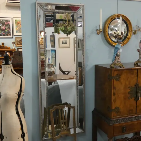 LARGE SILVERED BEVELLED GLASS MIRROR H. 1590 X W. 580 MM