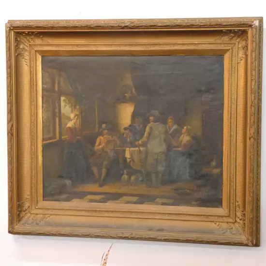 T.T.M. DAMSCHROEDER, ANTIQUE OIL ON CANVAS, INTERIOR SCENE, GILT FRAMED