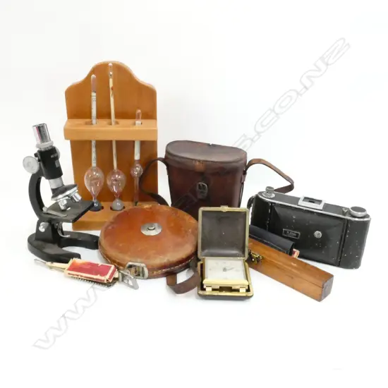 BOX LOT LEATHER CASED RULER, STUDENTS MICROSCOPE ETC