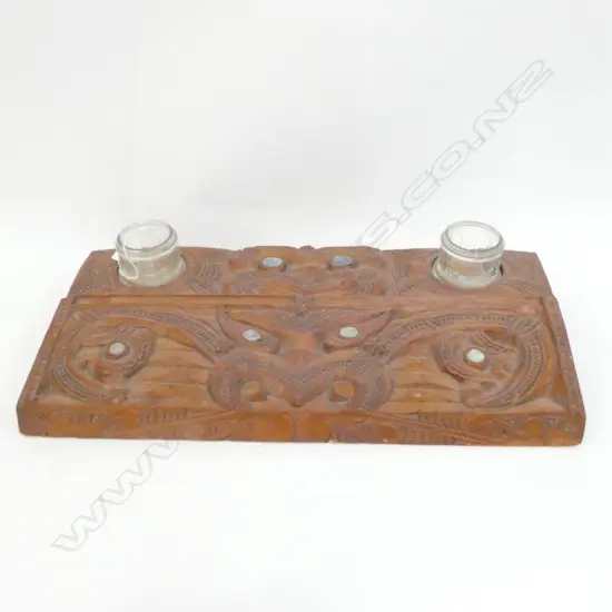 MAORI CARVED KAURI SLAB INKWELL L. 455MM