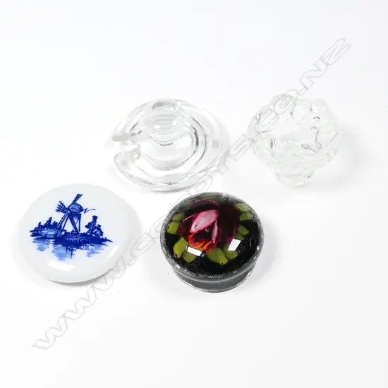 4 ASSORTED VINTAGE LIDS, CHINA & GLASS