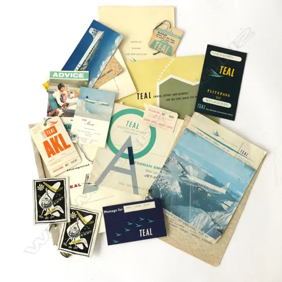 COLLECTION OF TEAL PRINTED EPHEMERA INCL MENU, TICKETS, BAGGAGE TAGS, BROCHURES, ETC