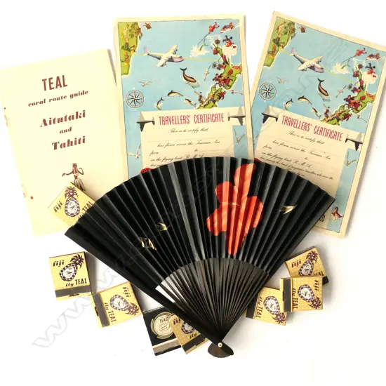2 TEAL FLYING BOAT TRAVELLERS CERTIFICATES, CORAL ROUTE GUIDE, BOOK MATCHES, HIBISCUS FAN