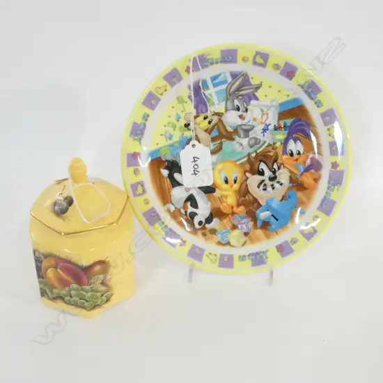 AYNSLEY ORCHARD GOLD LIDDED POT + WDGWOOD LOONEY TUNES PLATE