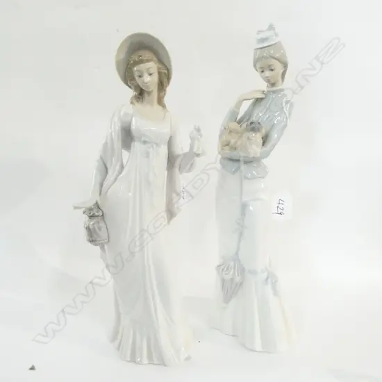 LLADRO FIGURE OF A WOMAN WITH DOG + ONE OTHER WITH FAULTS TO FINGERS H 390 MM