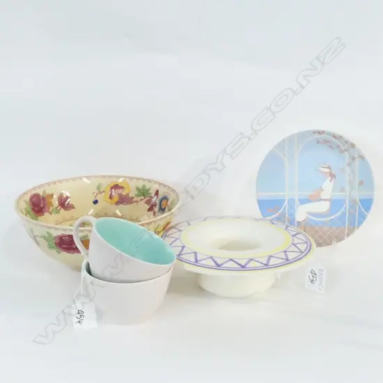 4 POOLE PCES; 2 CUPS, BOWL & PLATE + MASONS BOWL AF