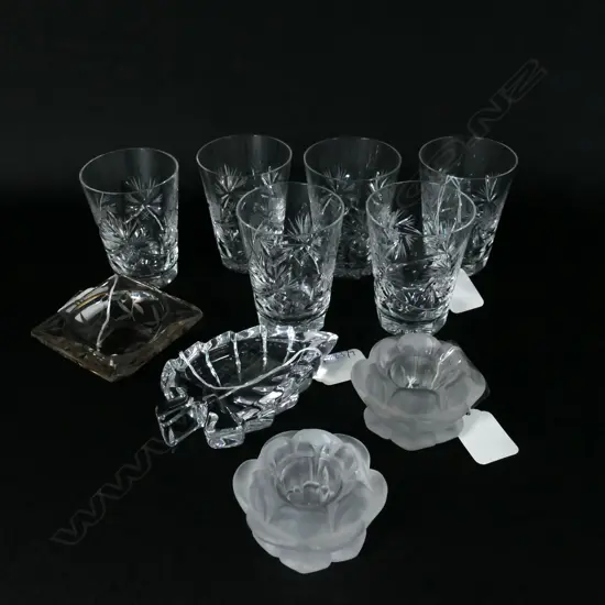 10 ASST SM GLASS PCES; 6 CRYSTAL SHOT GLASS, 2 CANDLE HOLDERS, 2 GLASS DISHES