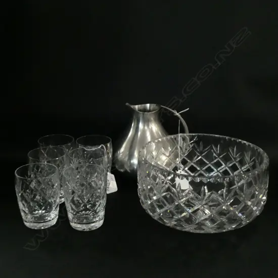 CRYSTAL BOWL 6 WEBB CORBETT TUMBLERS &#x2B; SELANGOR  PEWTER JUG