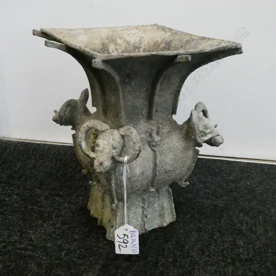 CHINESE ARCHAIC GU STYLE VASE HORNED BEASTS TO CORNERS H. 225MM