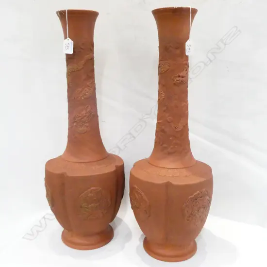 PAIR OF LARGE JAPANESE CLAY FLOOR VASES MEIJING PERIOD IMPRESSED STAMP ON BASE 63CM TALL