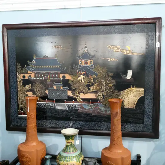 LGE JAPANESE CARVED & LACQUERED PANEL TOWN SCENE...