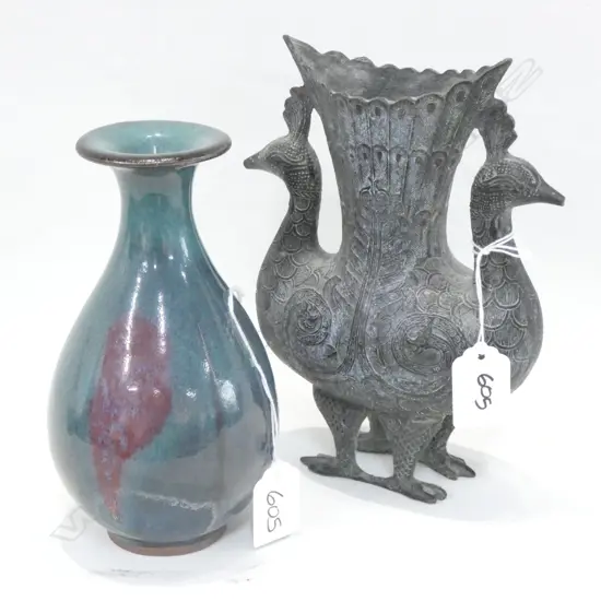 CHUN VASE WITH PEACH BLOOM H. 170MM + METAL PEACOCK VASE