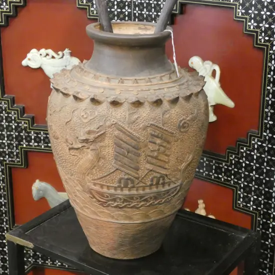 OLD JAPANESE POTTERY LGE JAR DRAGONS...