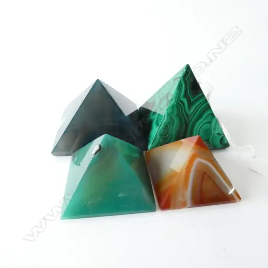 4 STONE PYRAMIDS. MALACHITE AGATE ETC Tallest 55mm 