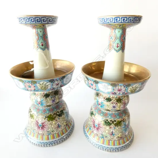 PR CHINESE POLYCHROME ALTER CANDLEHOLDERS QIANLONG CHARACTER MARK TO BASE H. 250MM