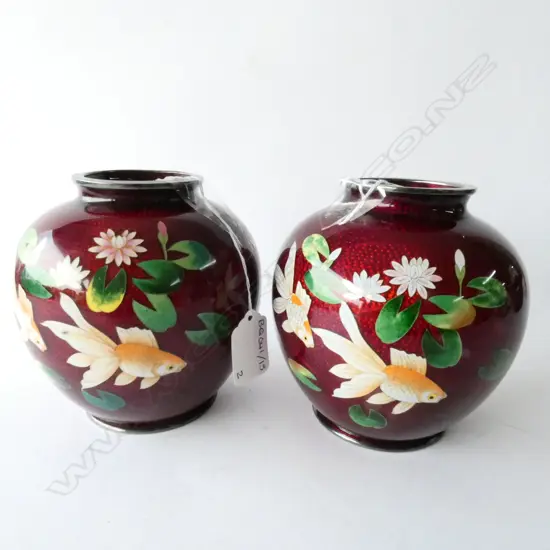 PAIR OF RED CLOISONNE RED VASES WITH GOLDFISH DESIGN 14CM