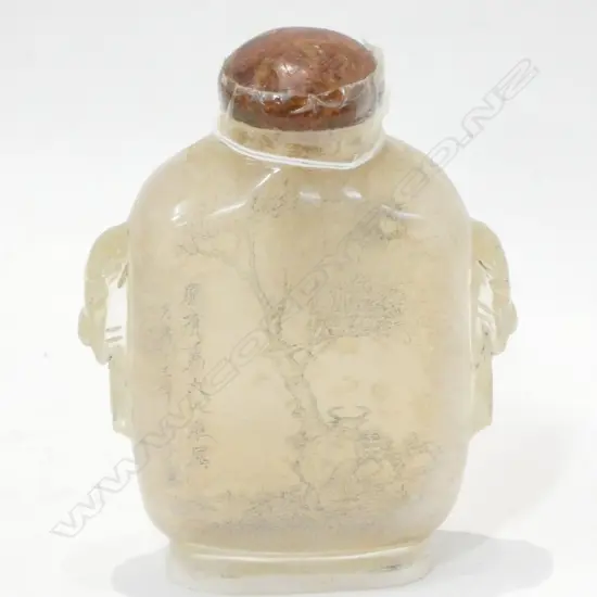 LGE GLASS ORIENTAL BOTTLE INTERNAL PAINTING, AGATE? STOPPER, 110MM H