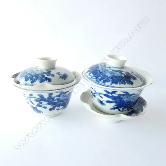 PR MING STYLE TEABOWLS, LID & SAUCER BEARS 6 CHARACTER MARK H. 90MM