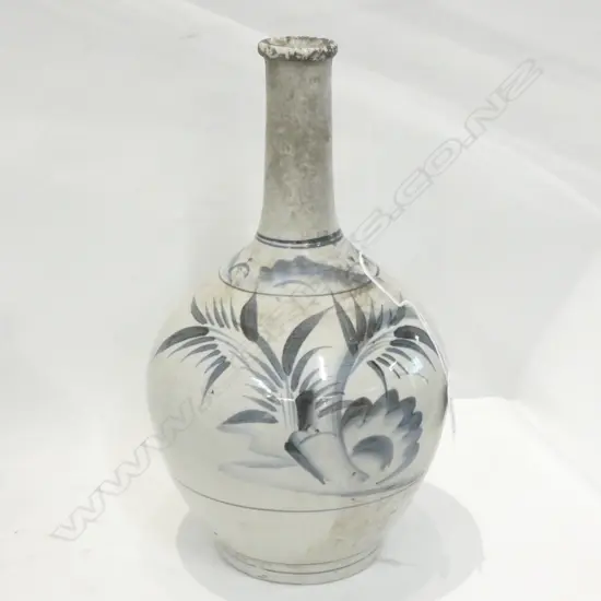 OLD ORIENTAL B&W BOTTLE VASE BRUSHED FOLIAGE