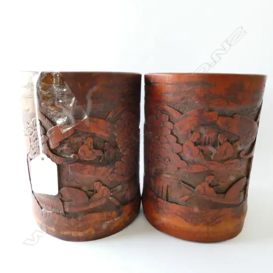 PAIR OF CHINESE CARVED BAMBOO BRUSH BOTS 14.5CM HIGH