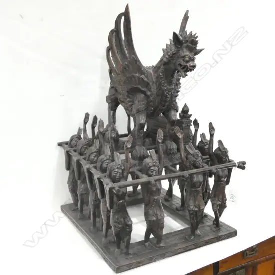 LGE THAI FINE ROSEWOOD CARVING WINGED BEAST & MULTIPLE FIGURES