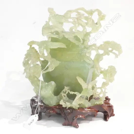 ORIENTAL JADE  LIDDED VESSEL, ORNATE BIRD & TREE CARVINGS, WOODEN STAND, 150MM H
