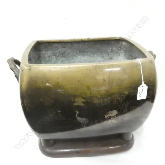 OLD JAPANESE BRONZE HIBACHI GILT CRANE HIGHLIGHTS 