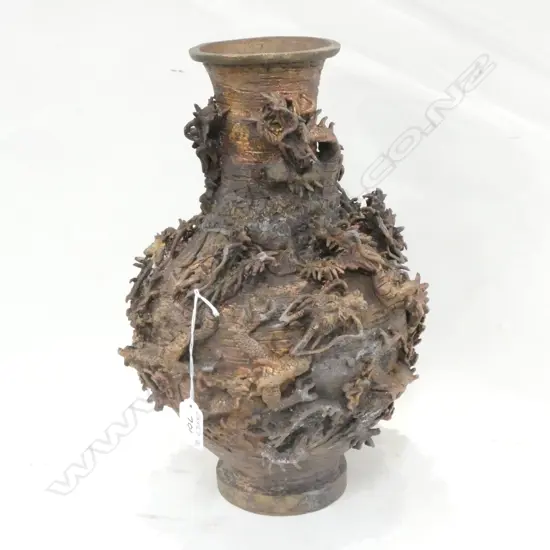 OLD JAPANESE BRONZE VASE FULL RELIEF DRAGONS