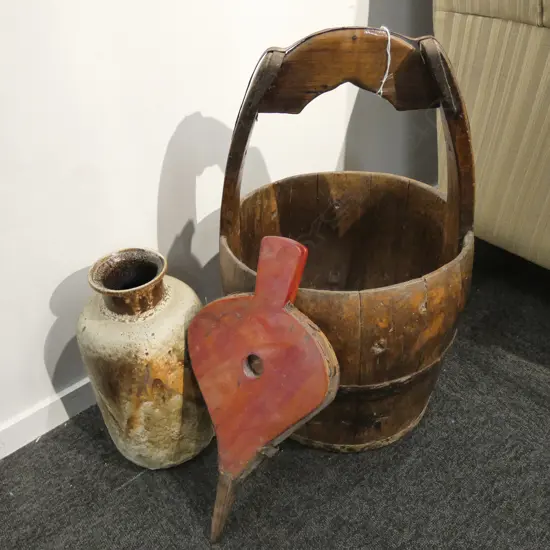 ORIENTAL RICE BUCKET H. 600MM + W. GERMAN VASE & BELLOWS 