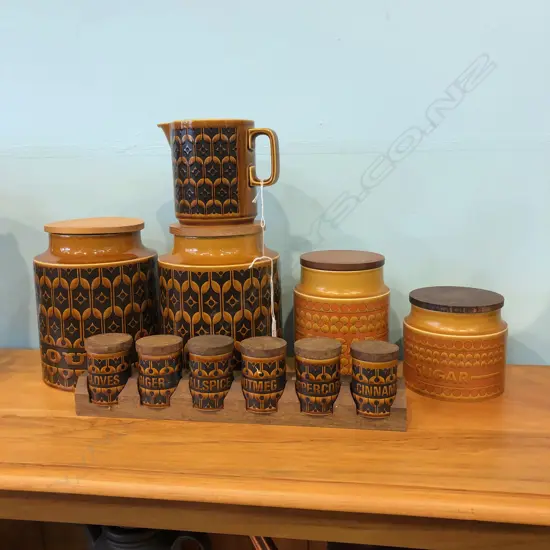 6 PCES HORNSEA CERAMICS; FLOUR, OTHER, 2X SUGAR, JUG, SPICE RACK